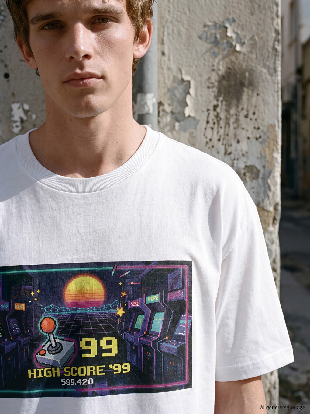 T-shirt Me Prerje Të Relaksuar Me Jakë Të Rrumbullakët I Stampuar Për Burra-2