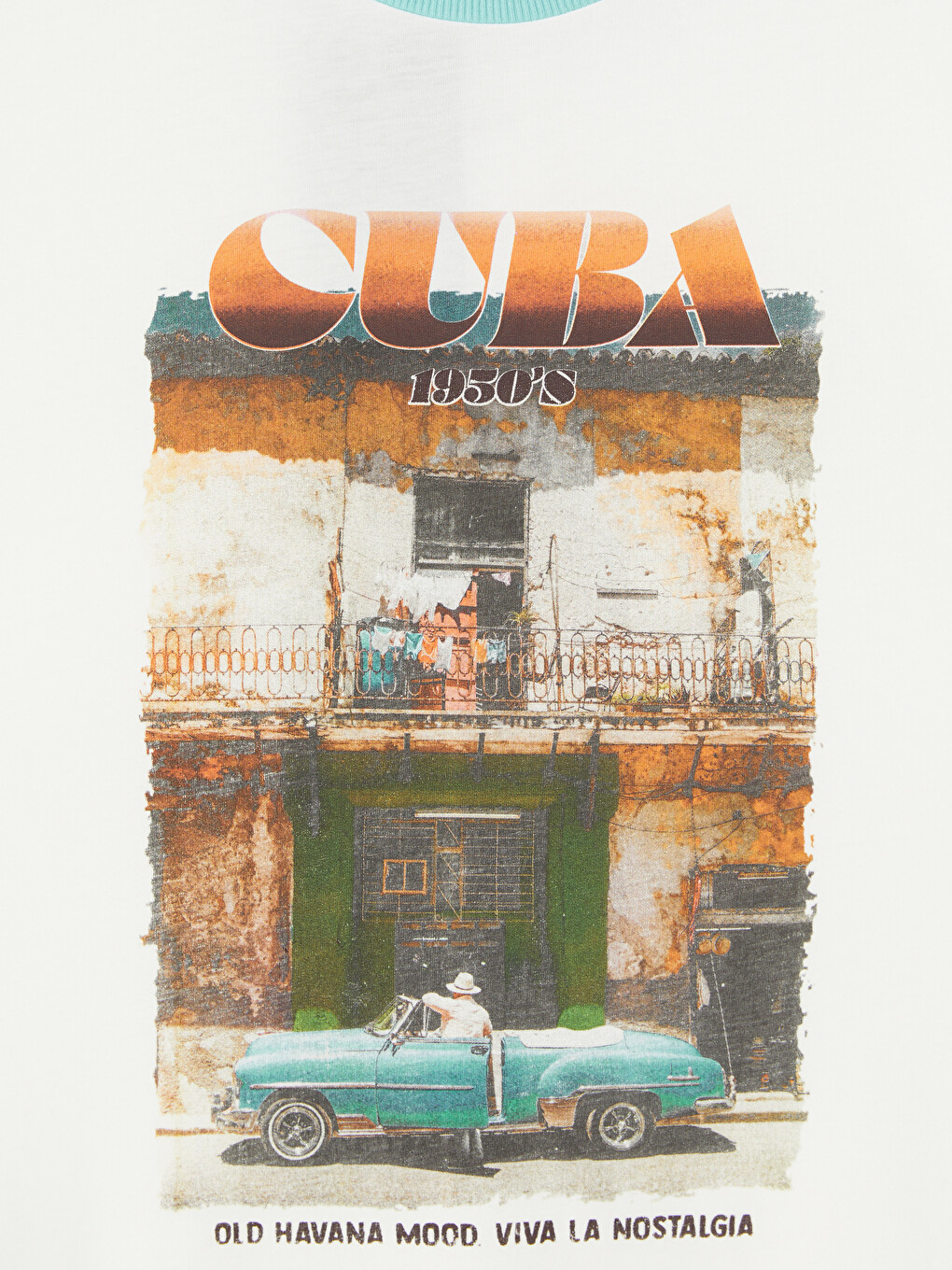 Beyaz Bisiklet Yaka Cuba Baskılı Erkek Tişört-6