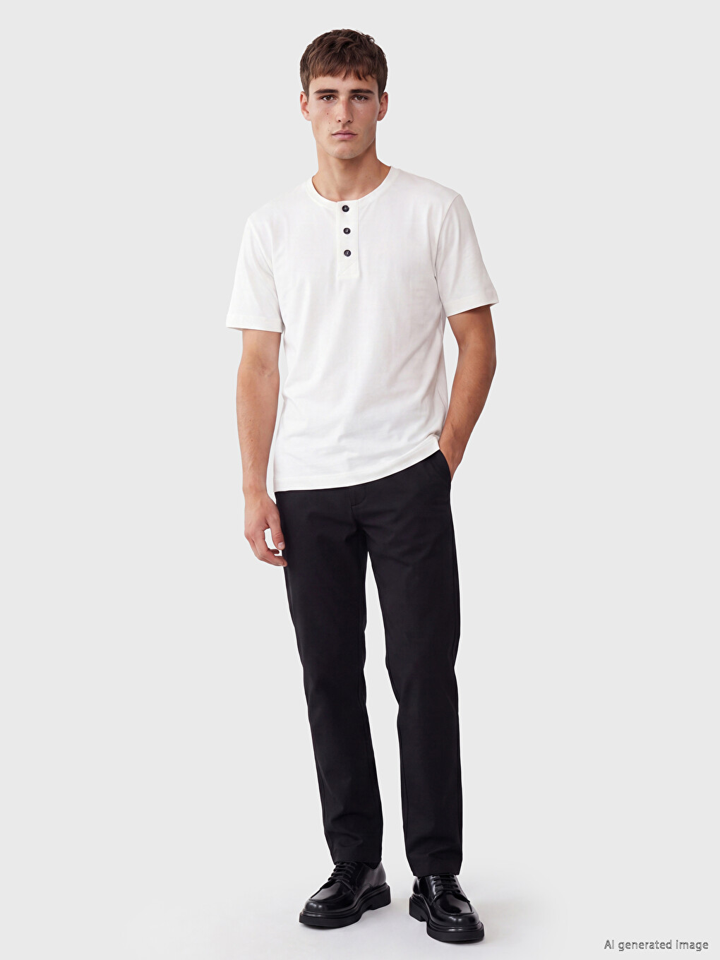 Beyaz Henley Yaka Erkek Tişört-1