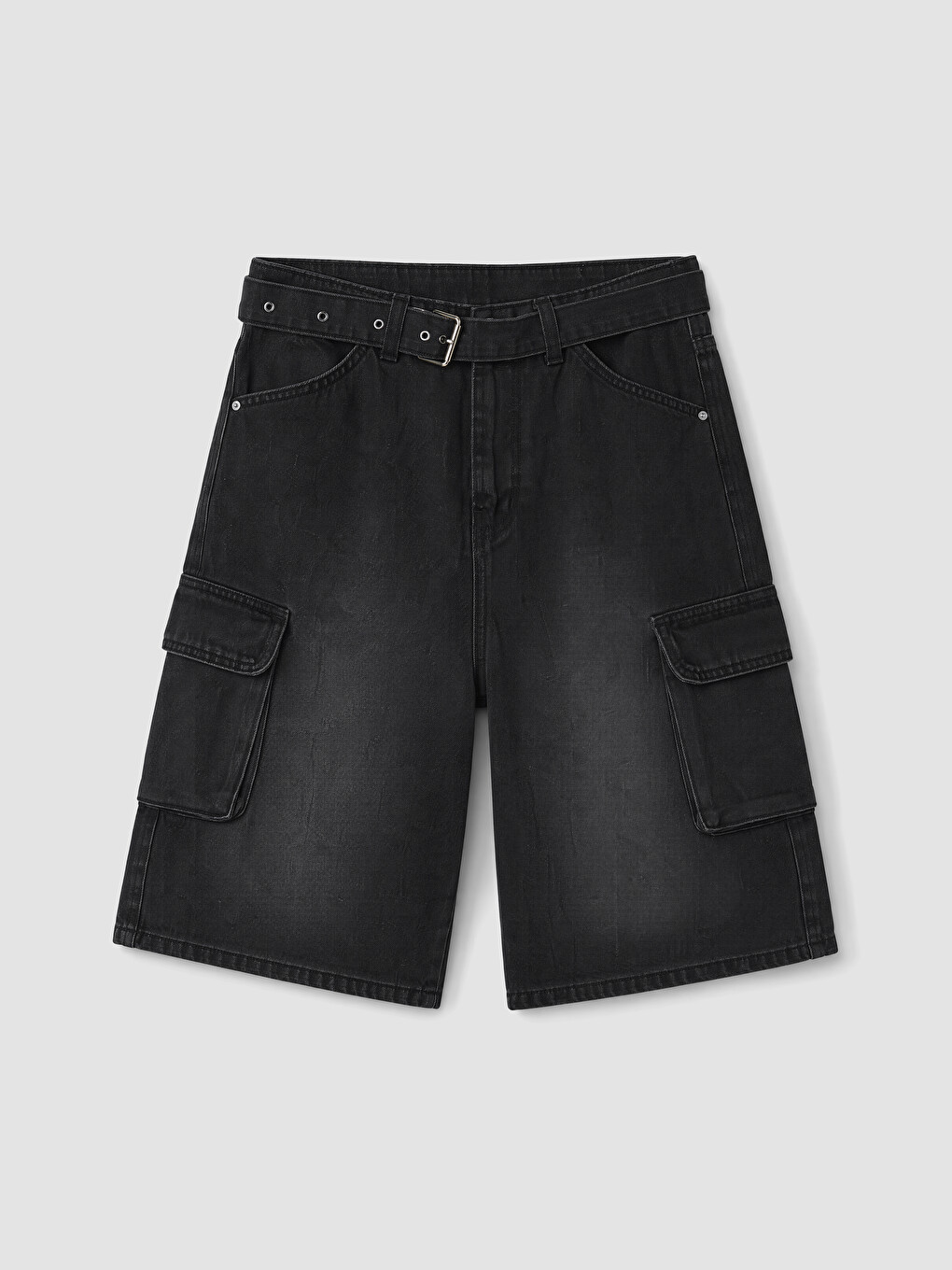 Siyah Loose Fit Kemerli Erkek Kargo Jean Şort-3