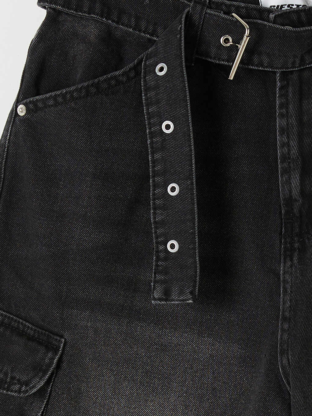 Siyah Loose Fit Kemerli Erkek Kargo Jean Şort-4