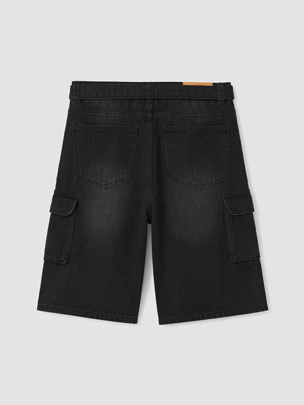 Siyah Loose Fit Kemerli Erkek Kargo Jean Şort-6