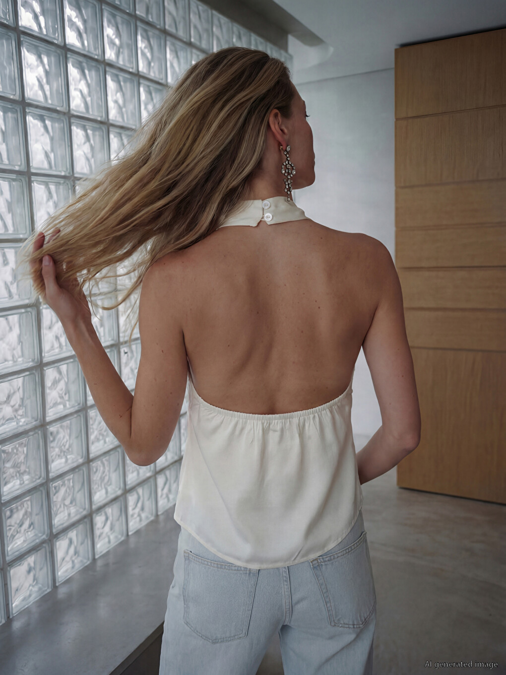 Ekru Halter Yaka Saten Bluz-3