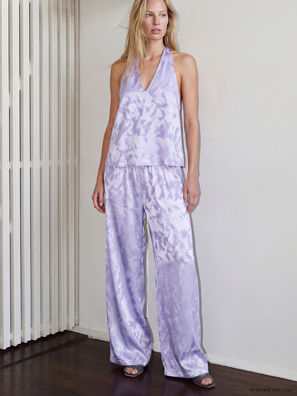 Mor Halter Yaka Desenli Bluz-1