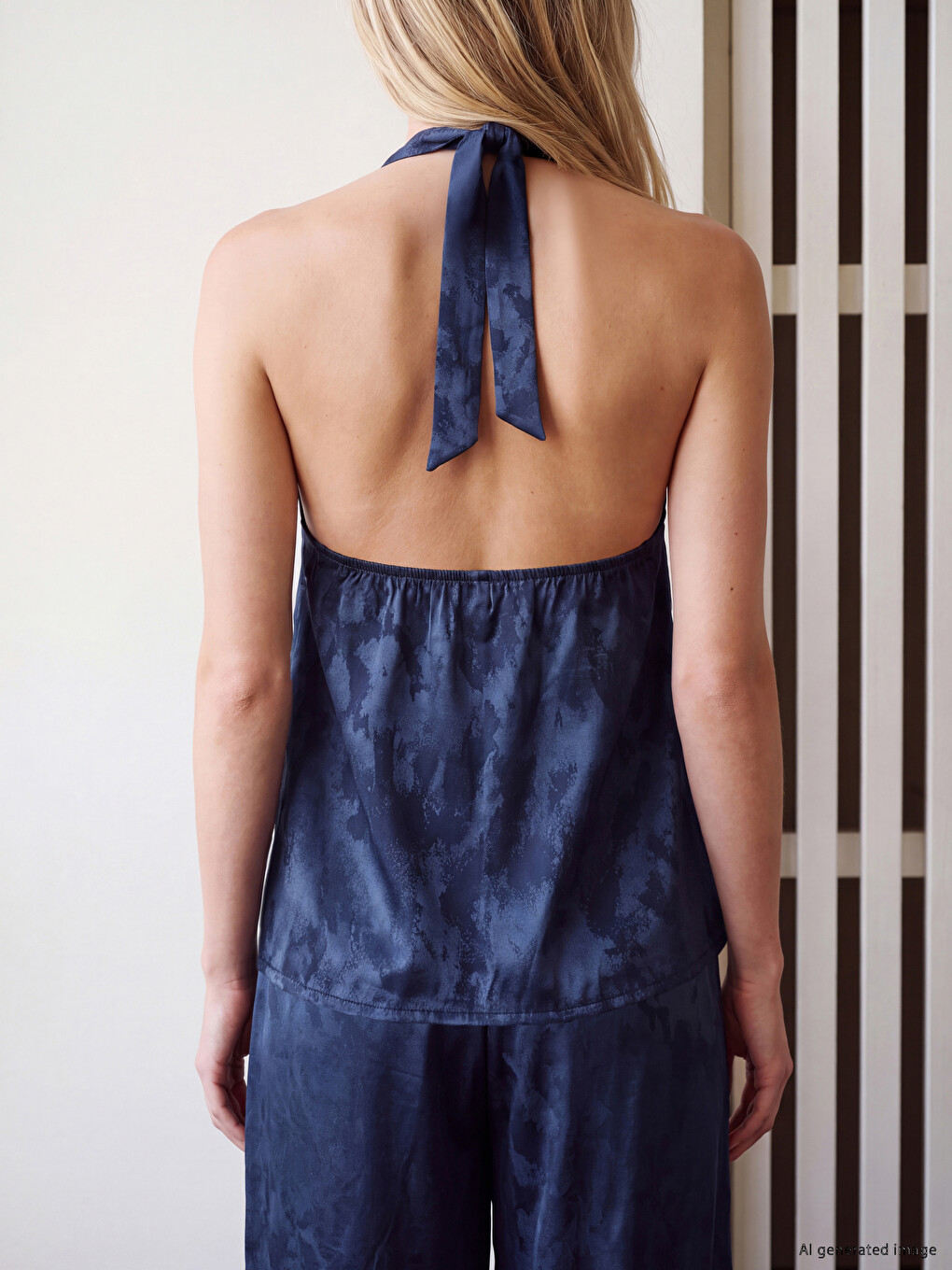 Lacivert Halter Yaka Desenli Bluz-3