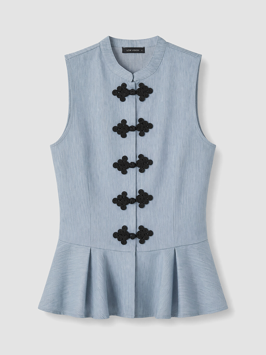 Mavi Hakim Yaka Düğme Detaylı Peplum Bluz-4