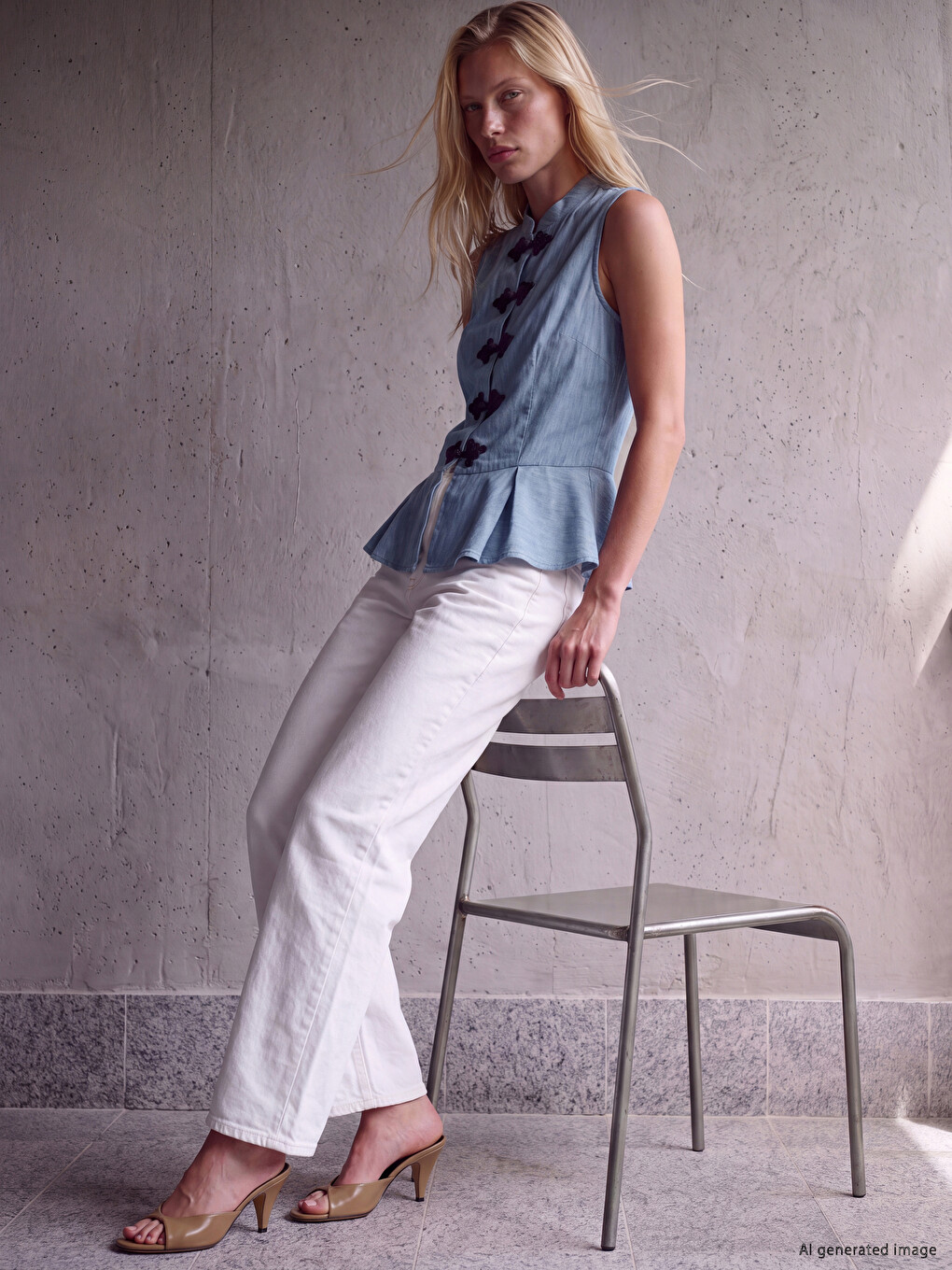 Mavi Hakim Yaka Düğme Detaylı Peplum Bluz-1