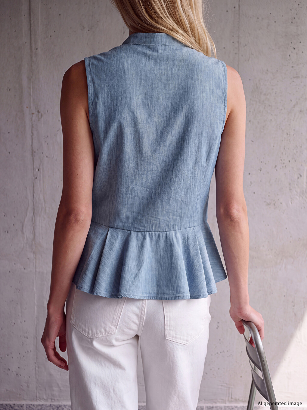 Mavi Hakim Yaka Düğme Detaylı Peplum Bluz-3