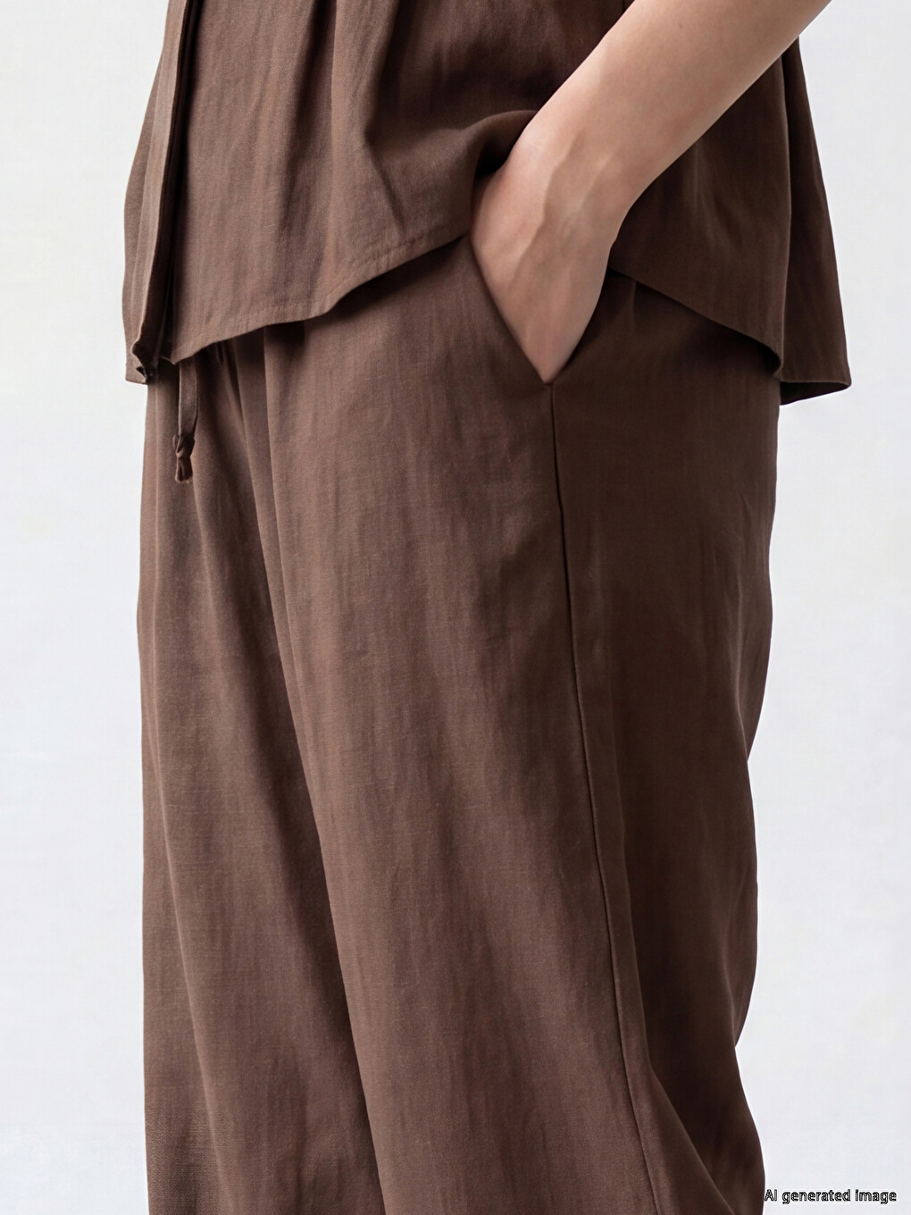 Kahverengi Beli Lastikli Geniş Paça Kadın Pantolon-2