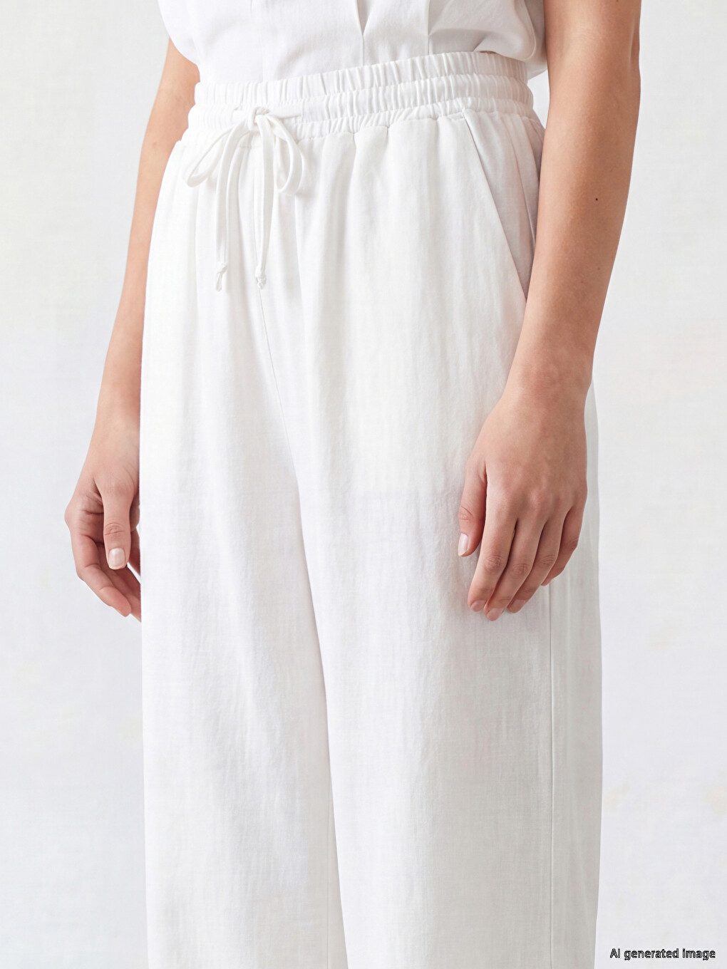 Beyaz Beli Lastikli Geniş Paça Kadın Pantolon-2
