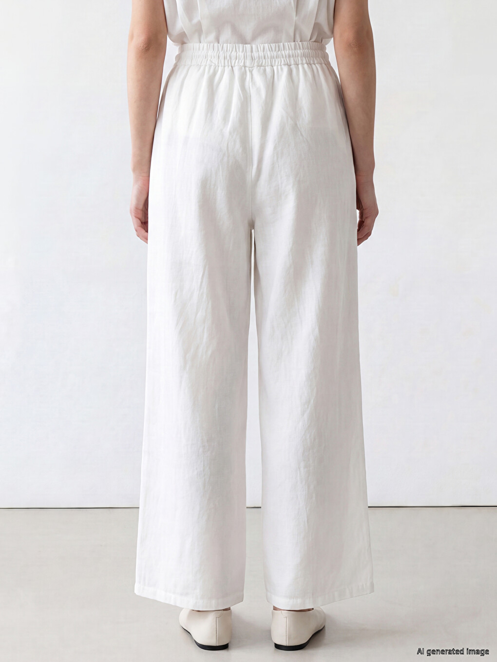 Beyaz Beli Lastikli Geniş Paça Kadın Pantolon-3