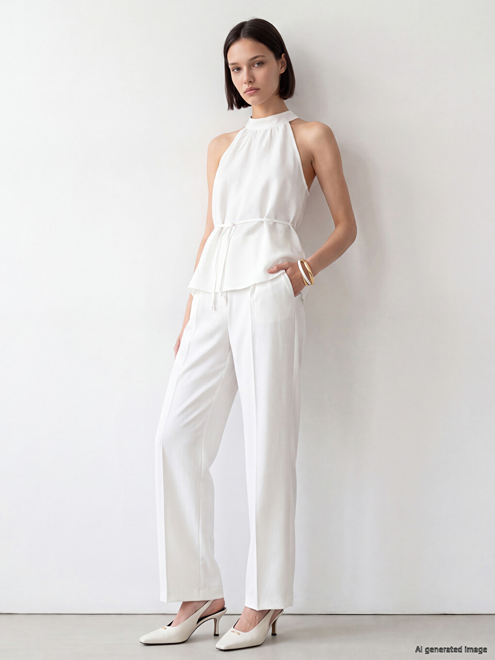 Beyaz Halter Yaka Beli Kuşaklı Oversize Bluz-1