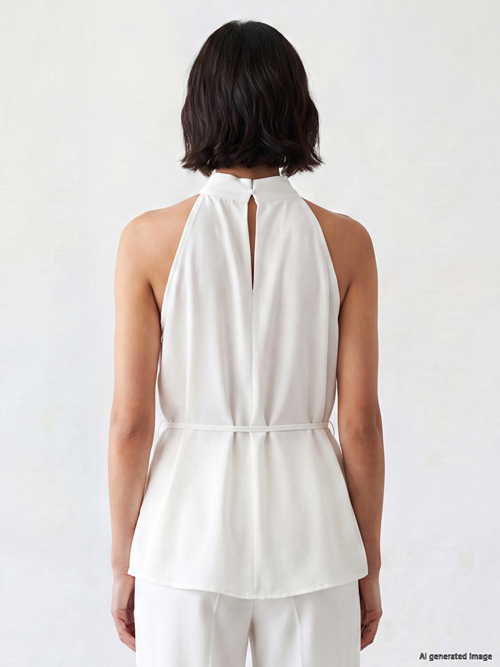 Beyaz Halter Yaka Beli Kuşaklı Oversize Bluz-3