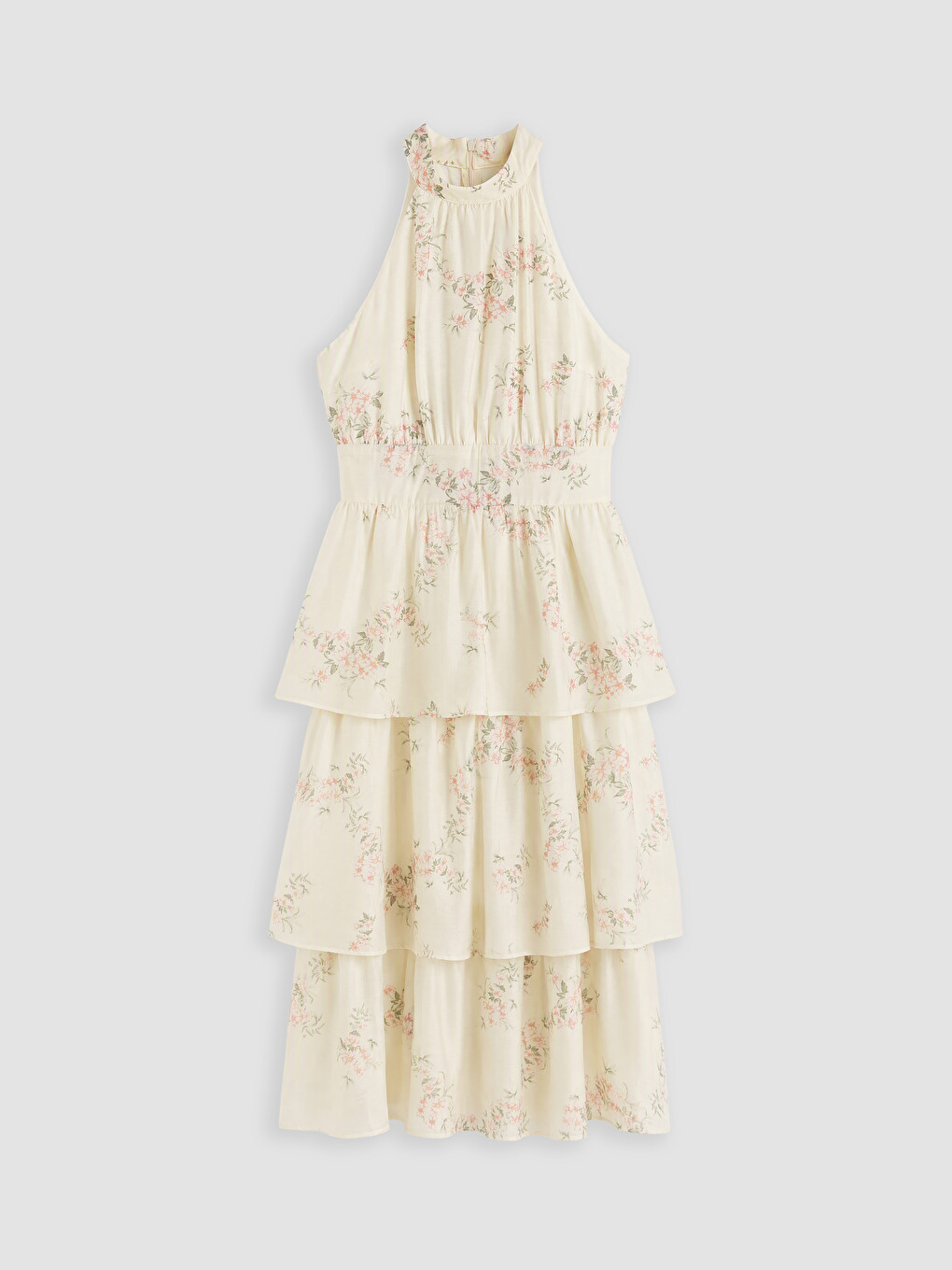 Pembe Halter Yaka Çiçekli Katkat Elbise-4