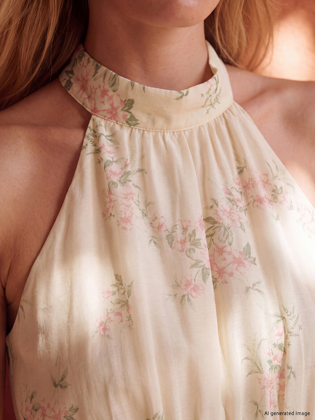 Pembe Halter Yaka Çiçekli Katkat Elbise-1