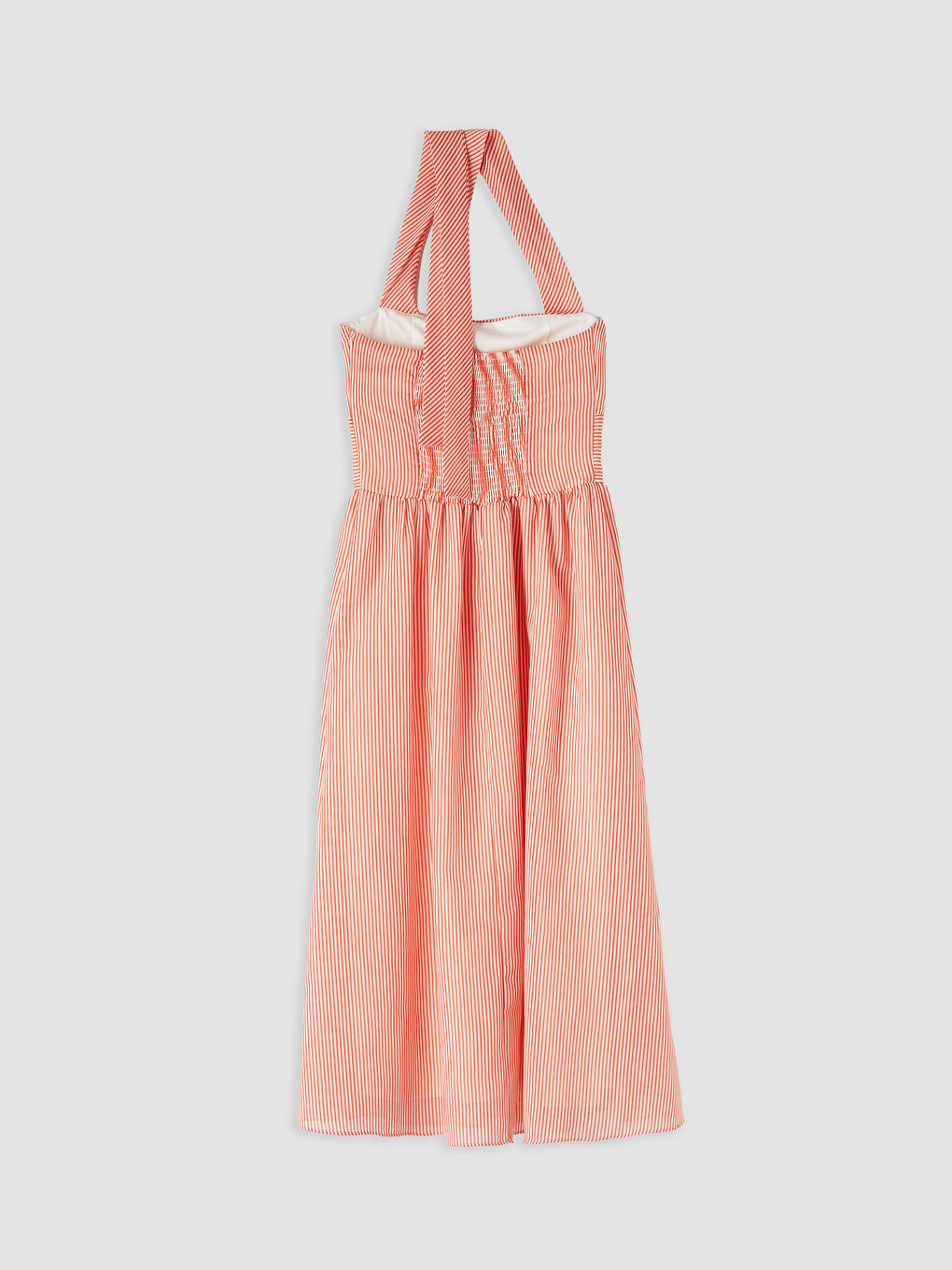 Kırmızı Halter Yaka Çizgili Elbise-4