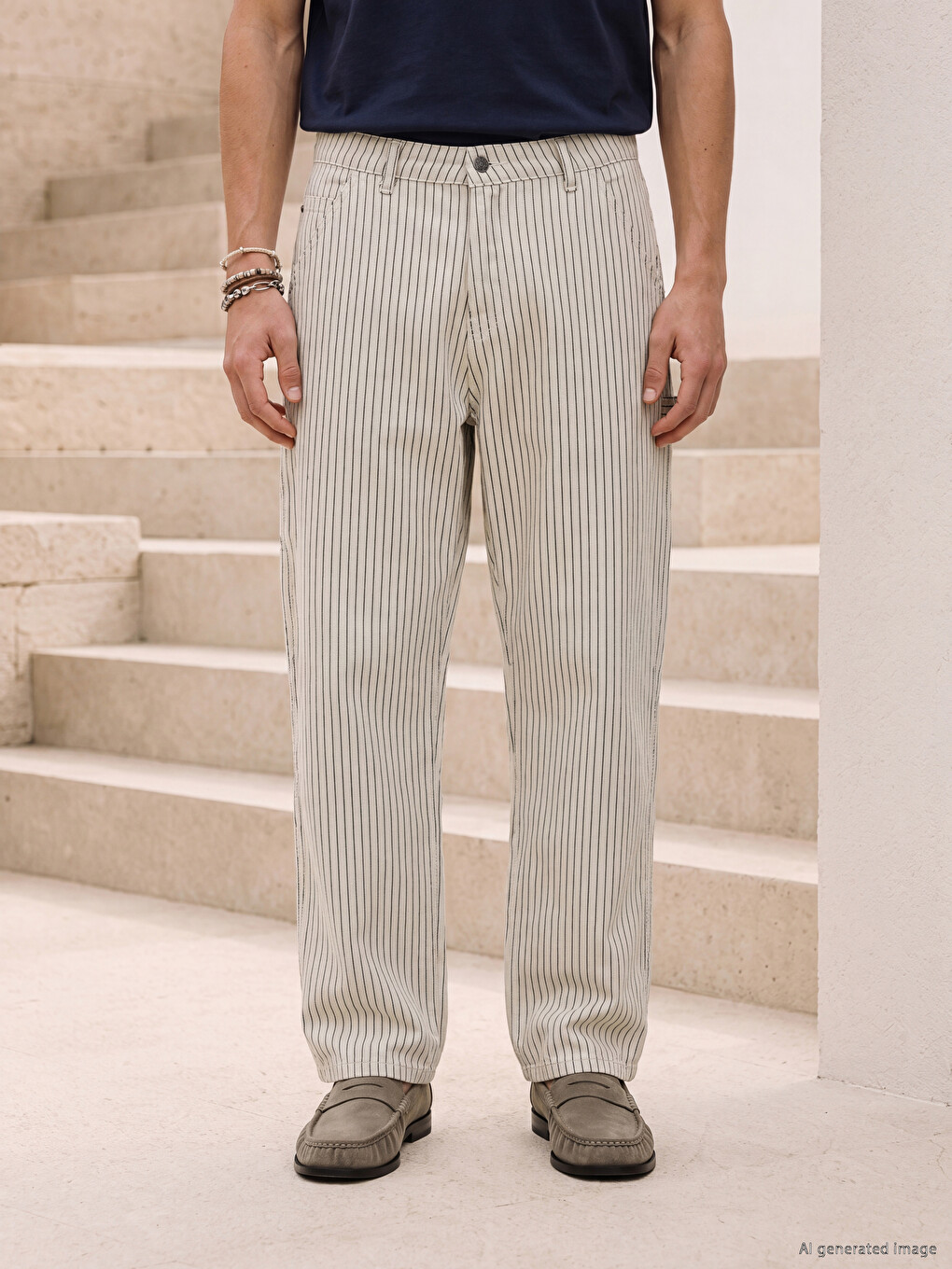Bej Regular Fit Çizgili Erkek Pantolon-1