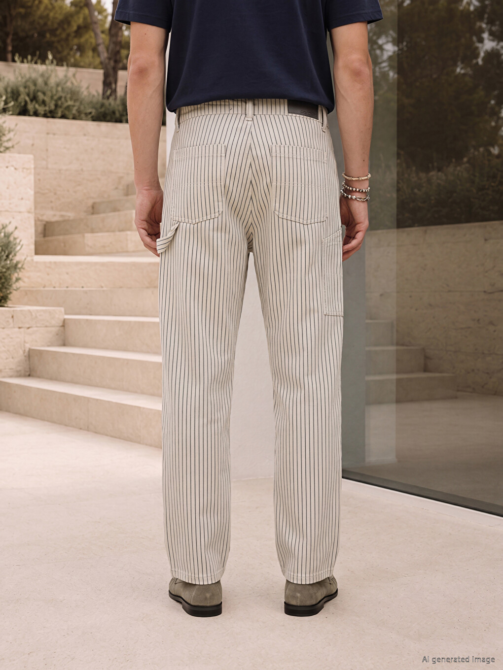 Bej Regular Fit Çizgili Erkek Pantolon-2