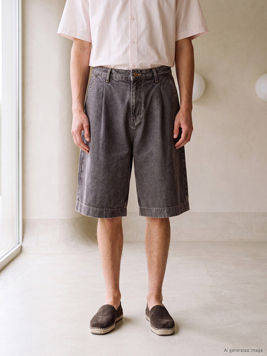 Kahverengi Loose Fit Erkek Jean Şort-1