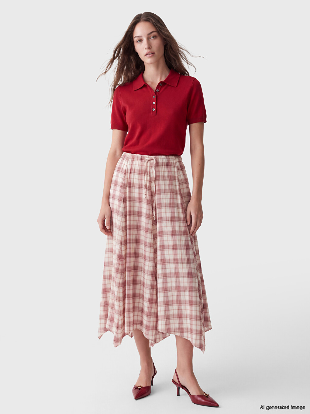 Pembe Beli Lastikli Ekose Asimetrik Etek
