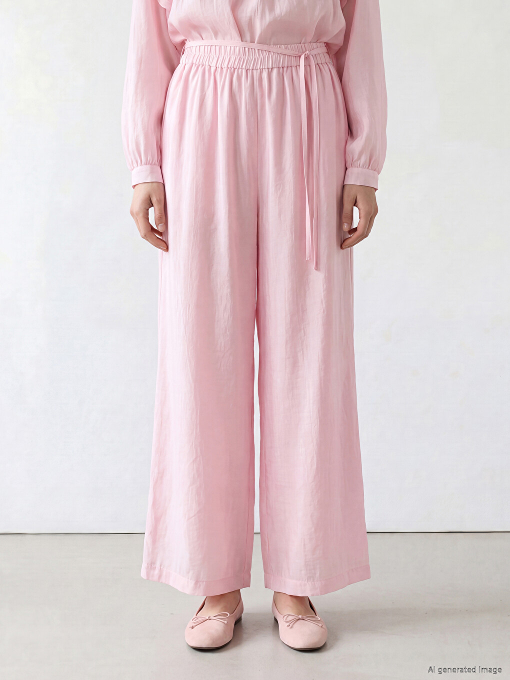 Pembe Beli Lastikli Geniş Paça Kadın Pantolon-1