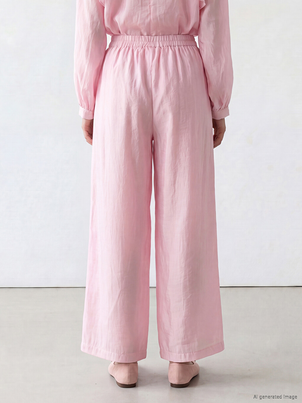 Pembe Beli Lastikli Geniş Paça Kadın Pantolon-2