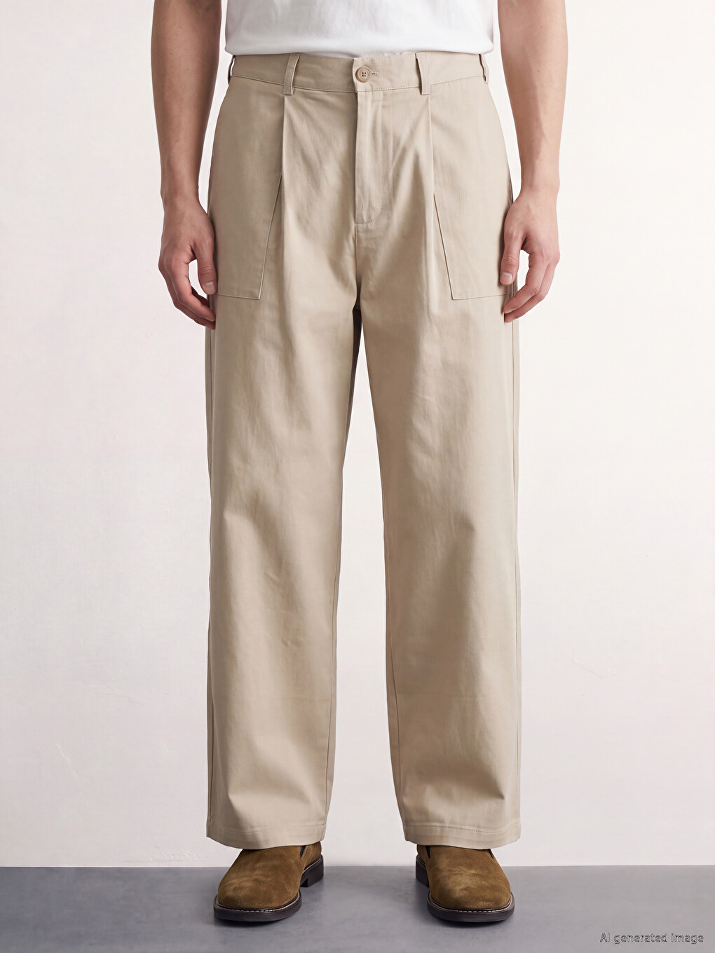 Bej Loose Fit Erkek Pileli Pantolon-1