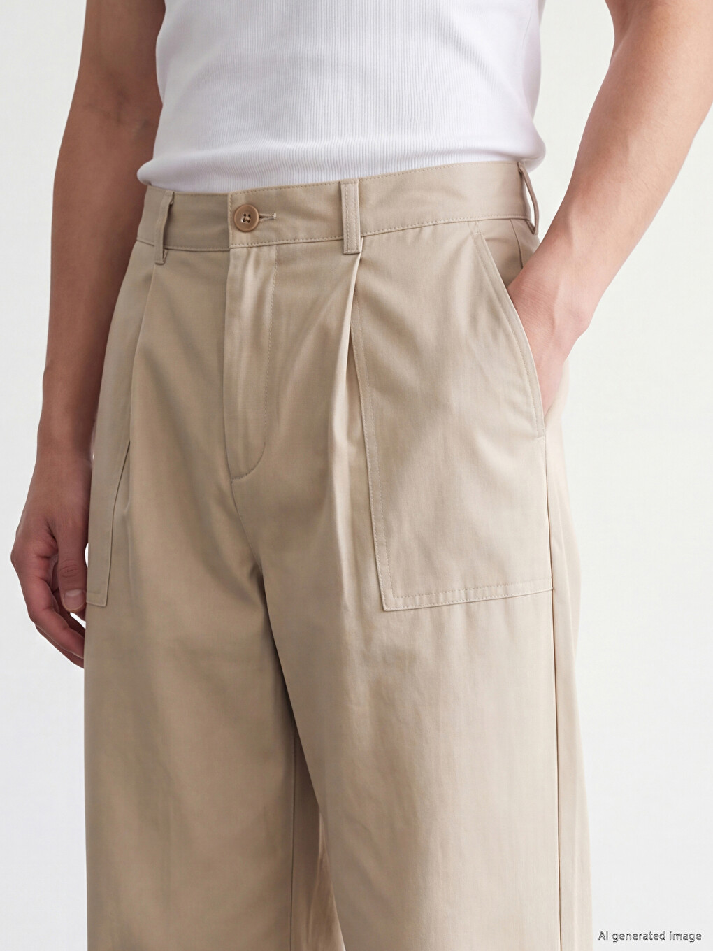 Bej Loose Fit Erkek Pileli Pantolon-2