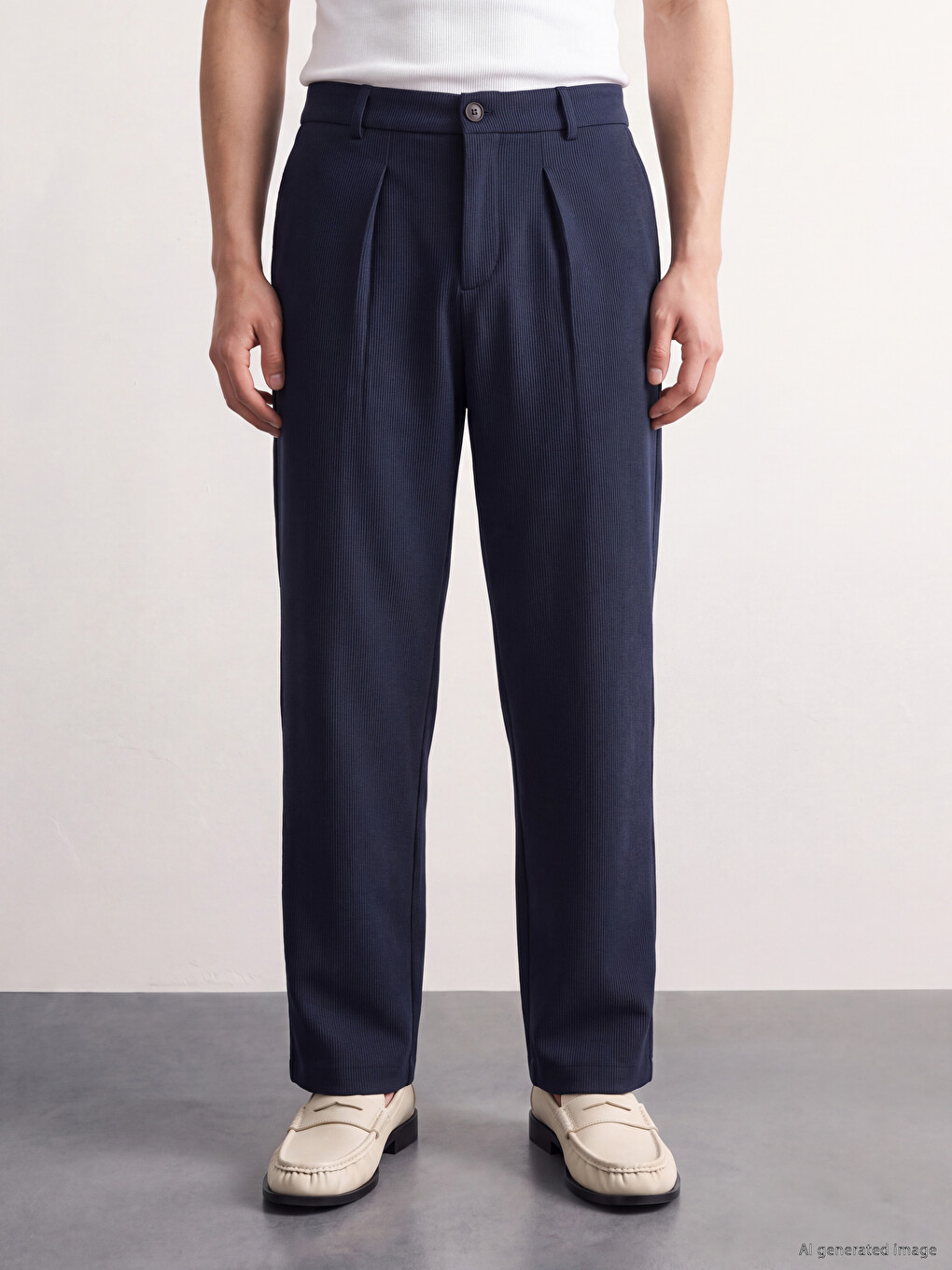 Lacivert Loose Fit Erkek Pileli Pantolon-1