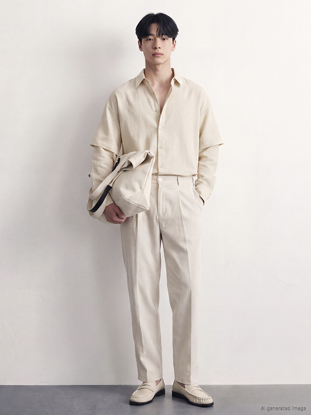 Bej Loose Fit Erkek Pileli Pantolon