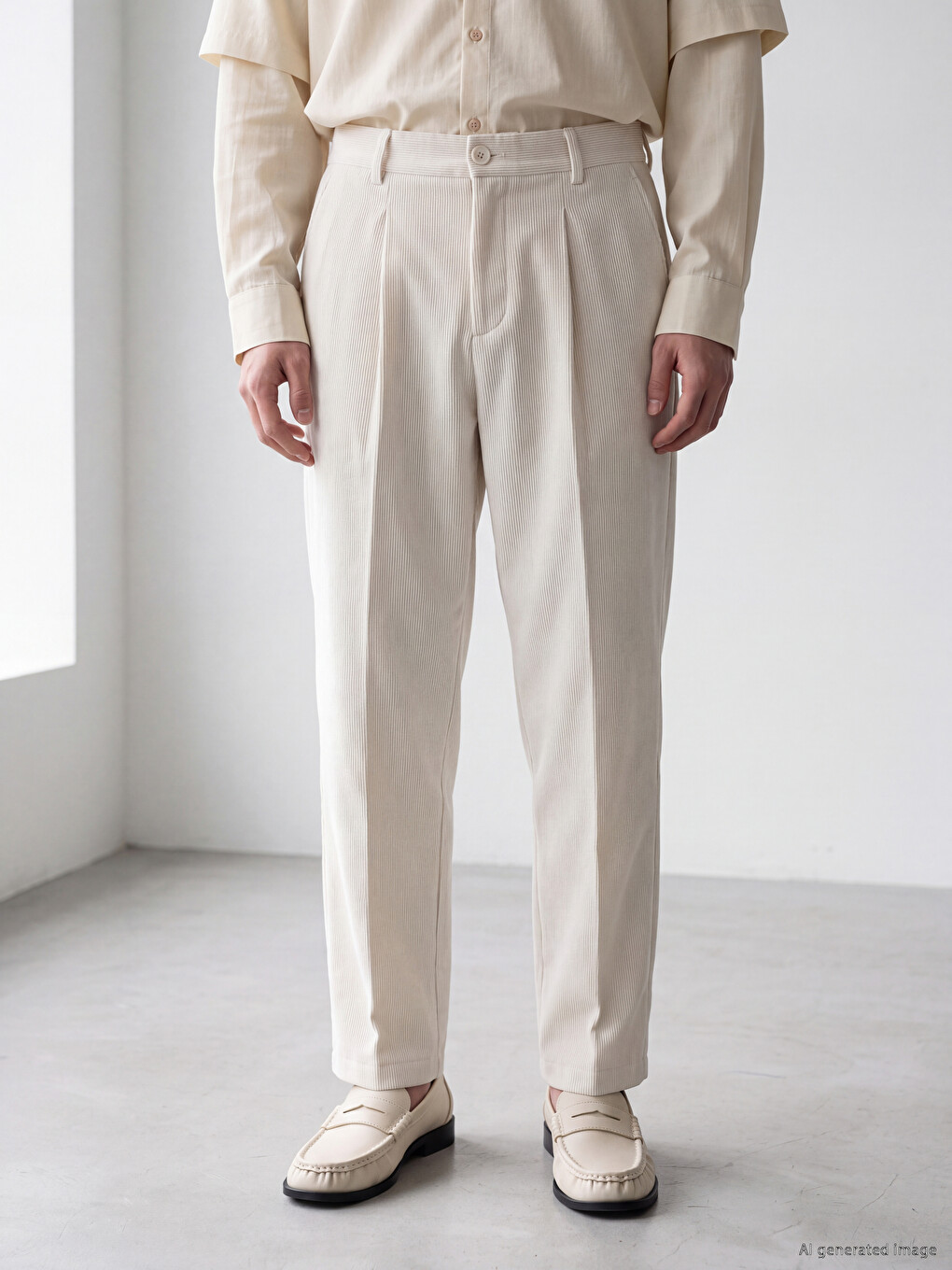 Bej Loose Fit Erkek Pileli Pantolon-1