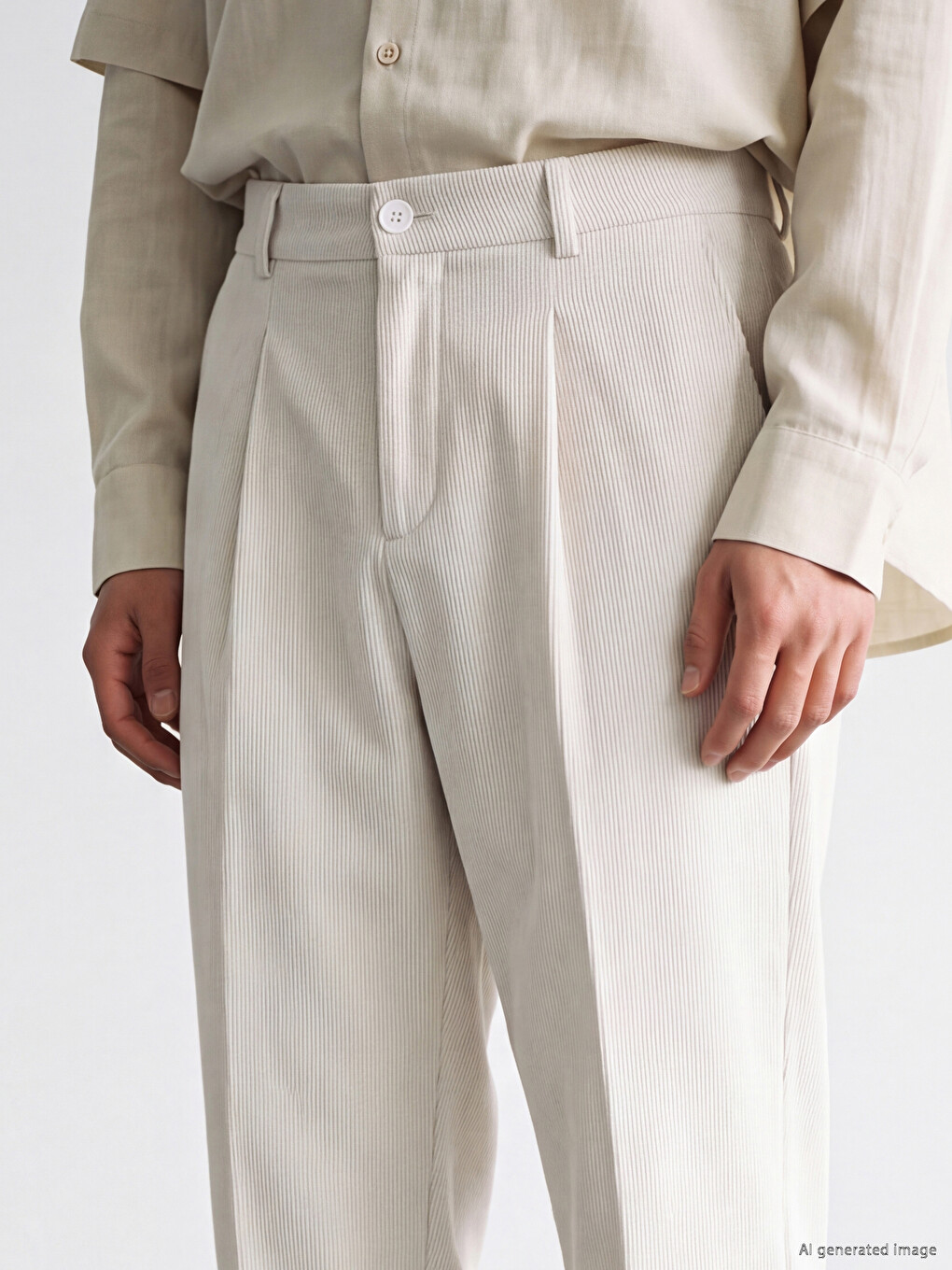 Bej Loose Fit Erkek Pileli Pantolon-2