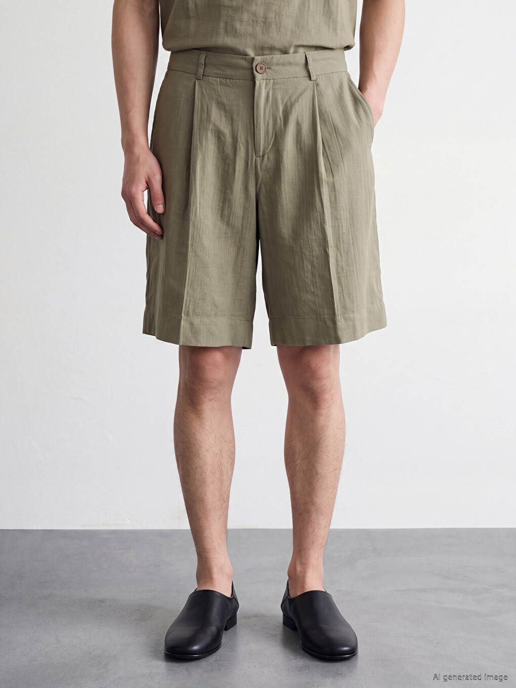 Haki Loose Fit Keten Görünümlü Erkek Şort-1