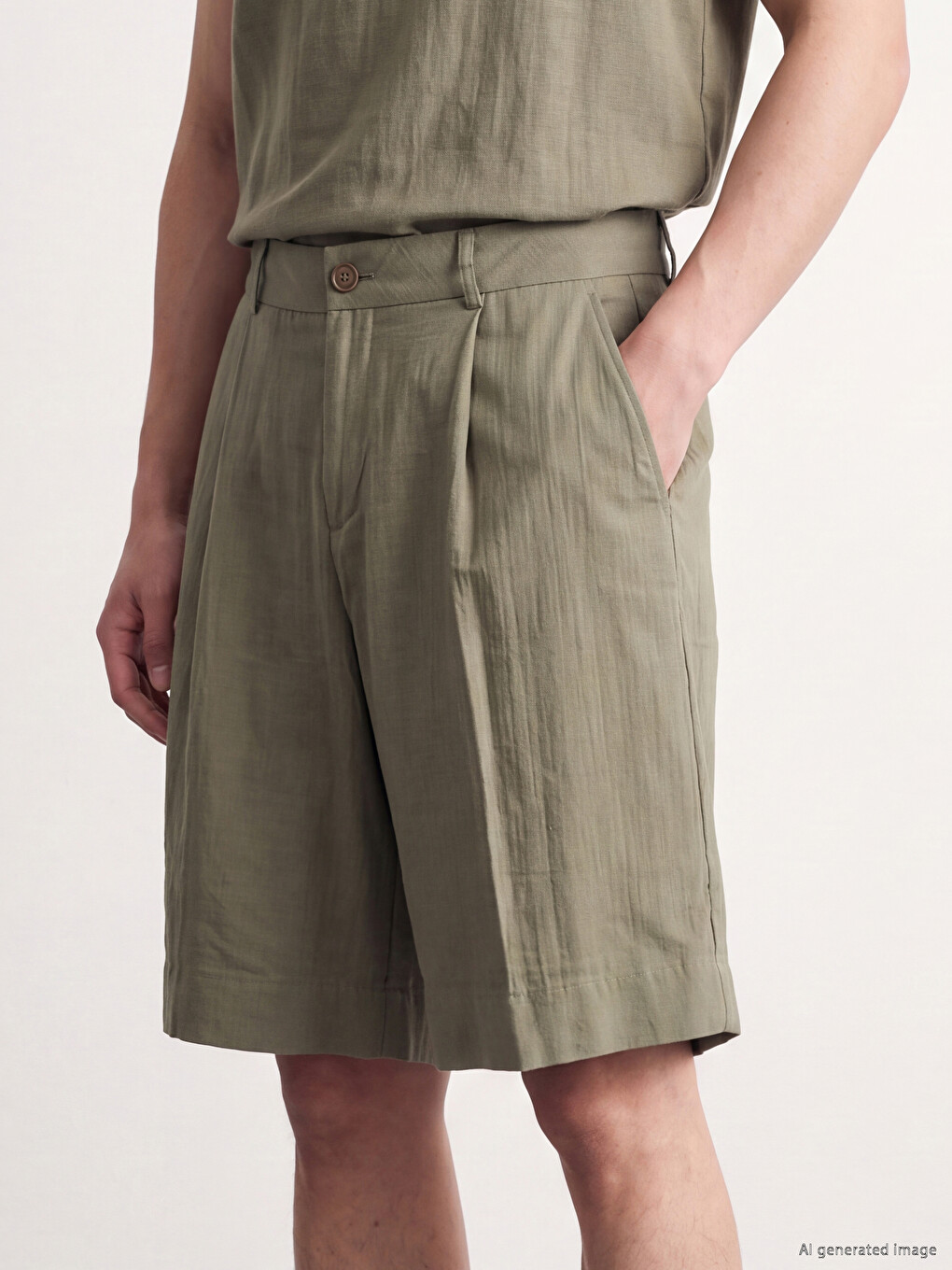 Haki Loose Fit Keten Görünümlü Erkek Şort-2