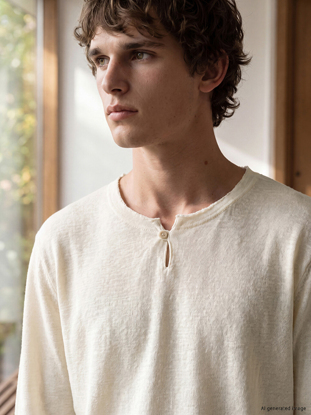 Bej Regular Fit Henley Yaka Uzun Kollu Erkek Tişört-2