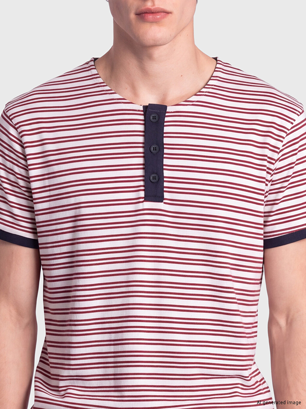 Beyaz Henley Yaka Çizgili Erkek Tişört-1
