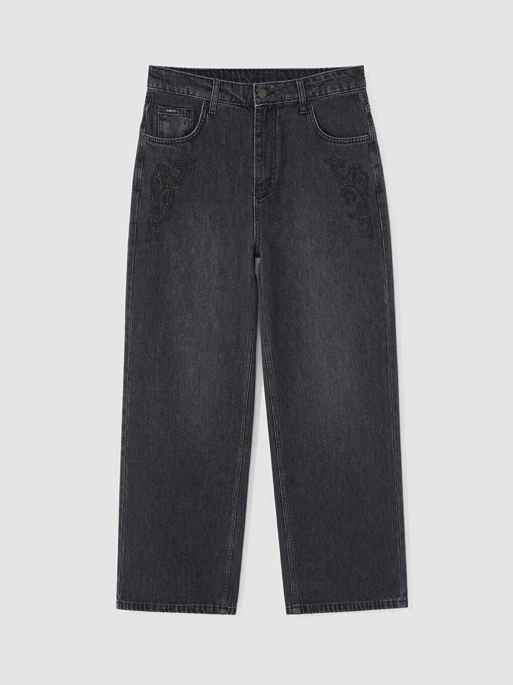 Siyah Loose Fit Nakışlı Erkek Jean Pantolon
