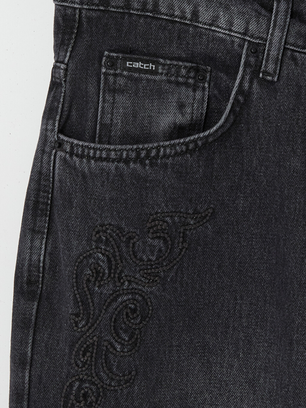 Siyah Loose Fit Nakışlı Erkek Jean Pantolon-1