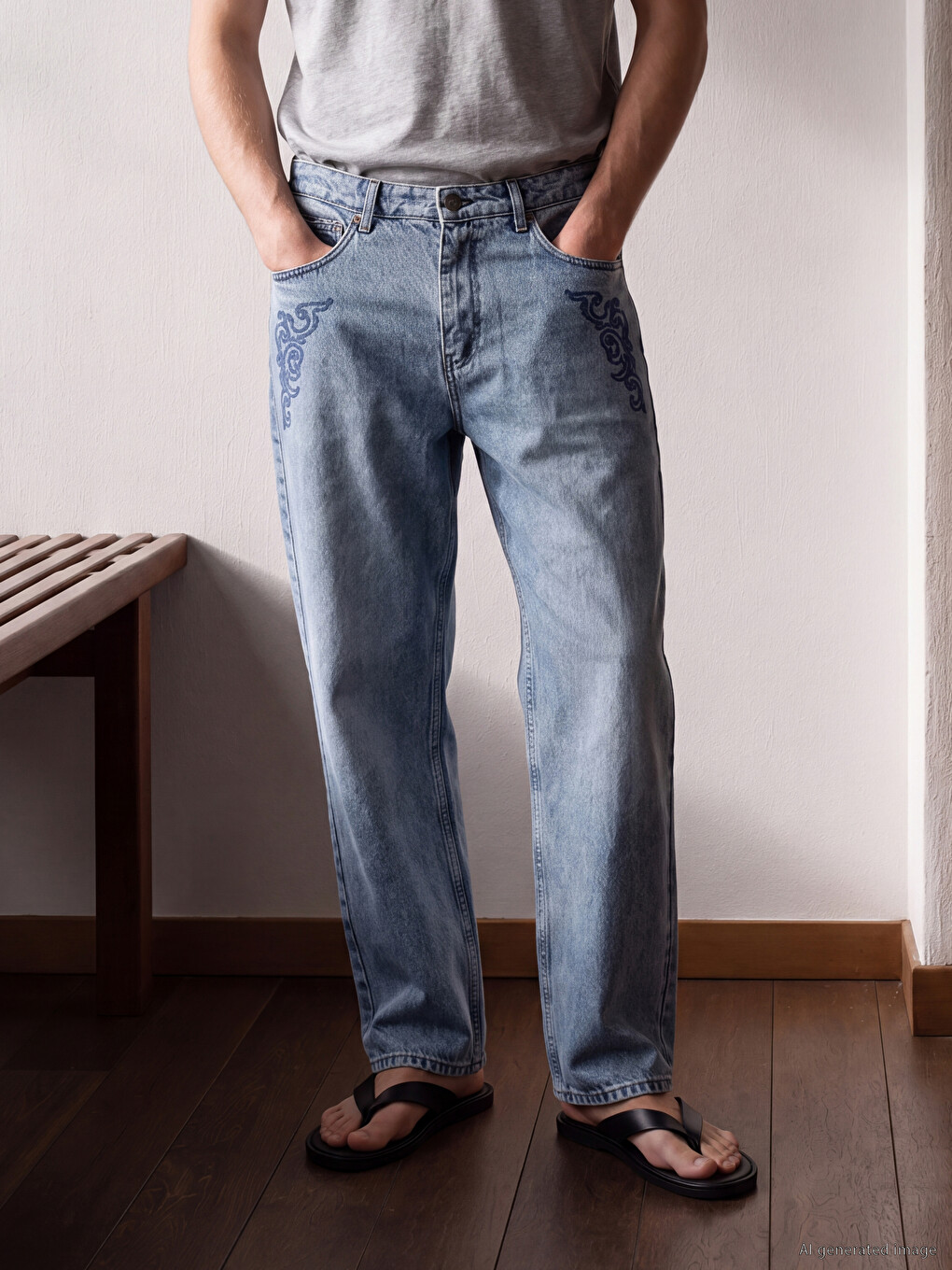 Mavi Loose Fit Nakışlı Erkek Jean Pantolon-1