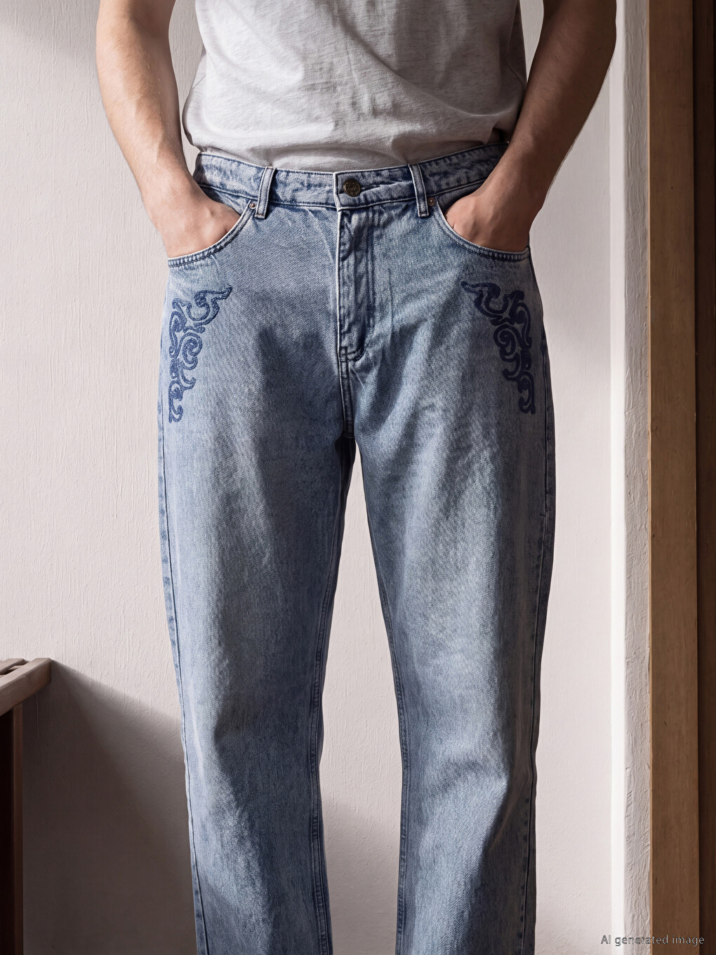 Mavi Loose Fit Nakışlı Erkek Jean Pantolon-2