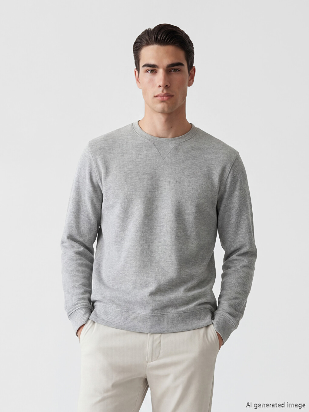 Bej Bisiklet Yaka Uzun Kollu Erkek Sweatshirt