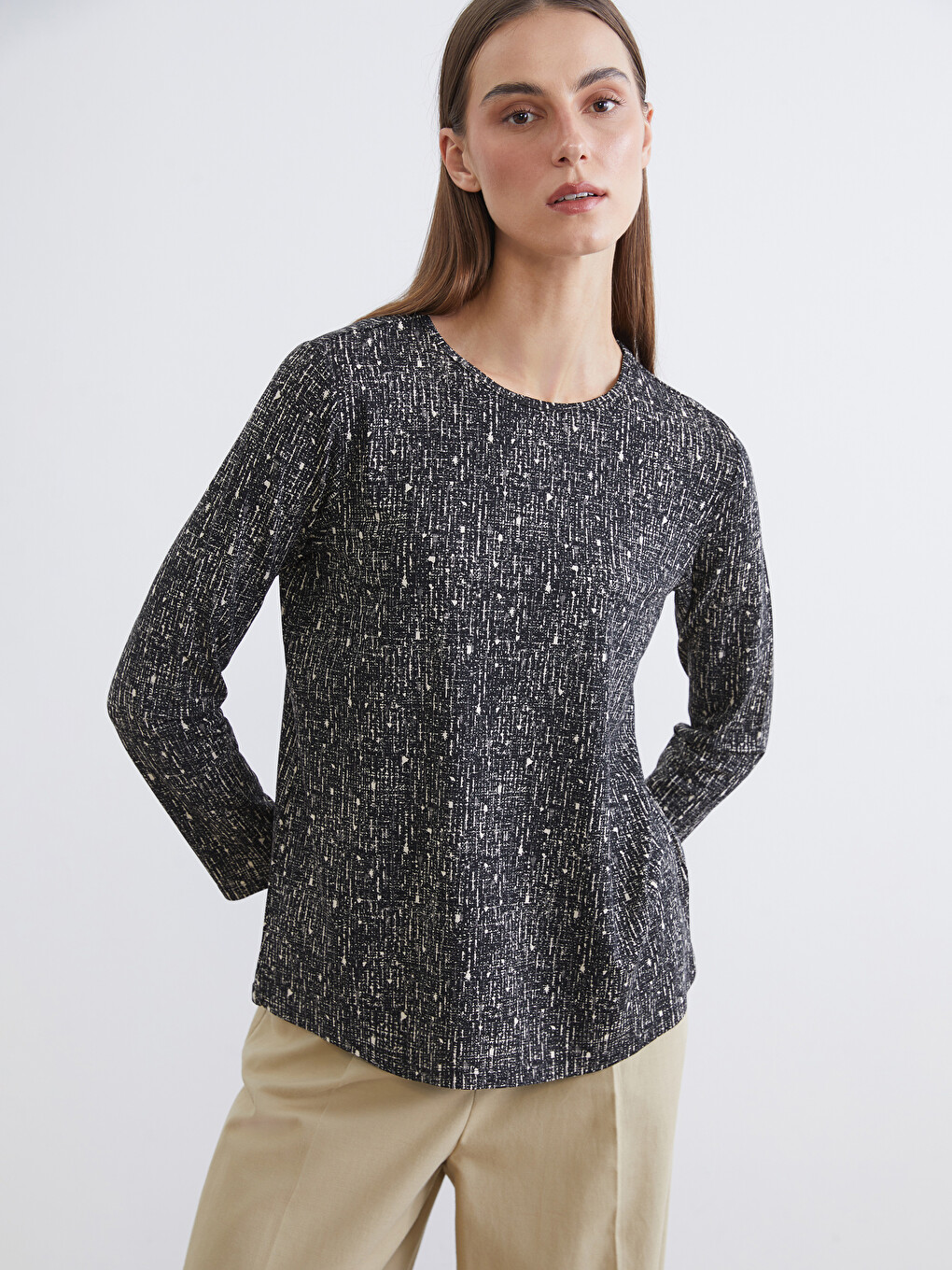 Crew Neck Patterned Long Sleeve Women's T-shirt