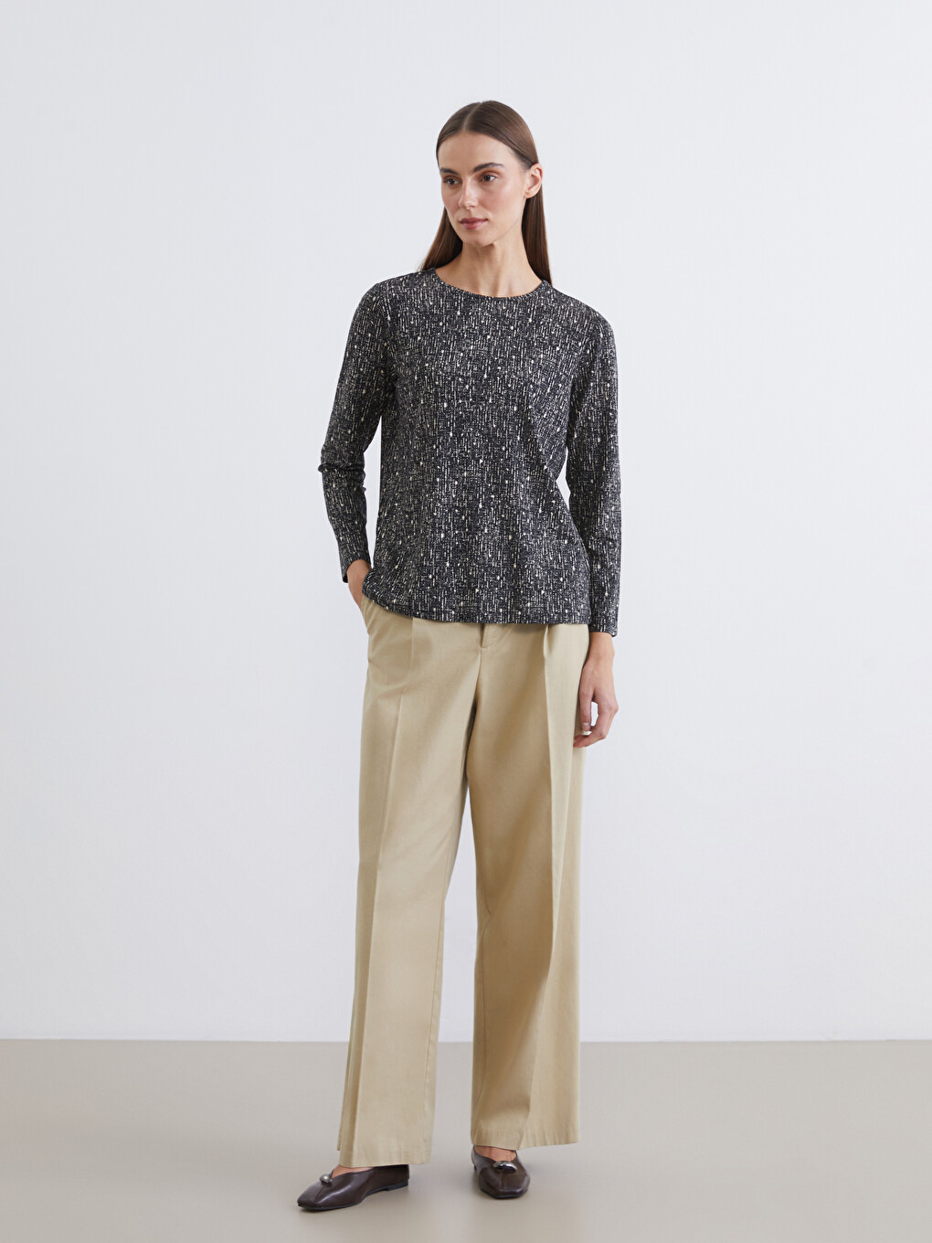 Crew Neck Patterned Long Sleeve Women's T-shirt-1