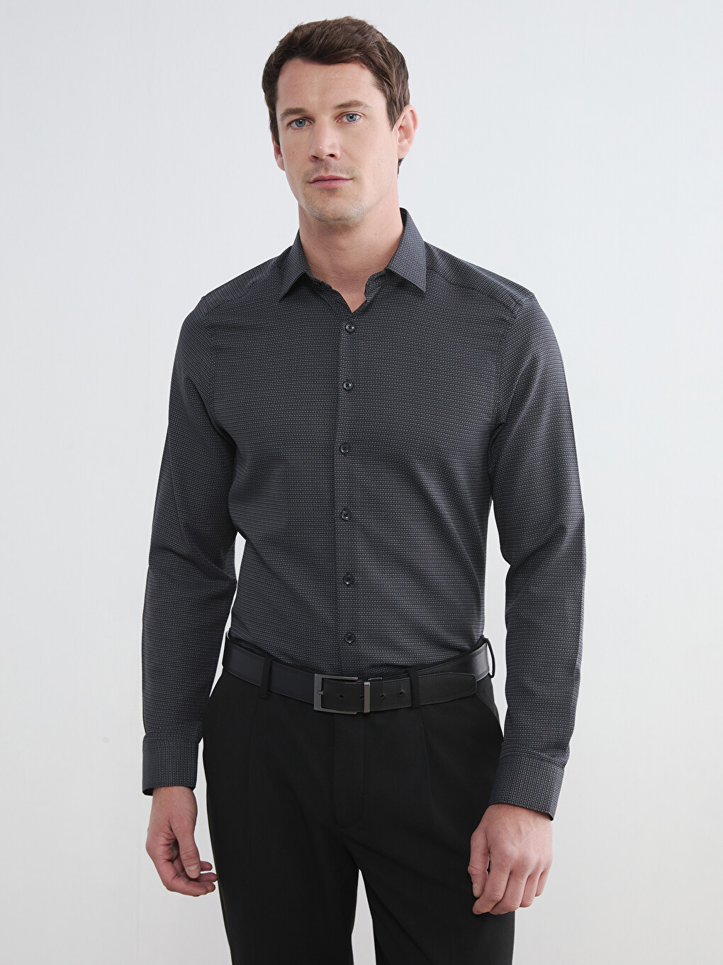 Gri Slim Fit Uzun Kollu Armürlü Erkek Gömlek