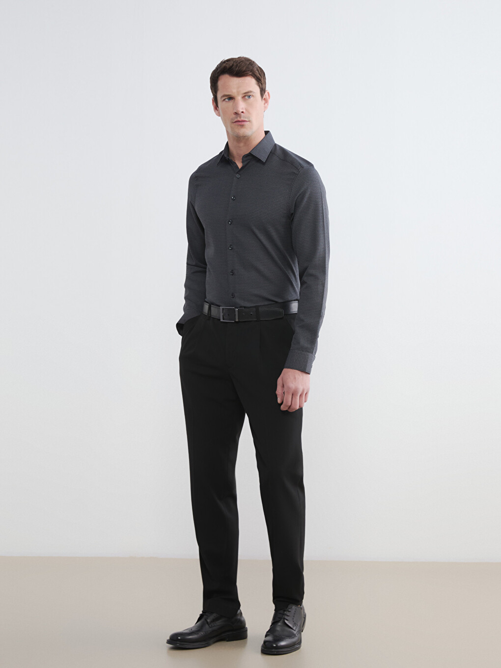 Gri Slim Fit Uzun Kollu Armürlü Erkek Gömlek-1