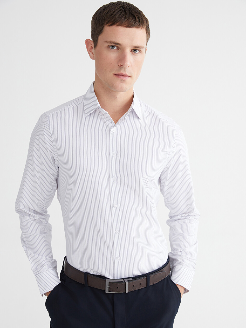Slim Fit Long Sleeve Striped Poplin Men's Shirt