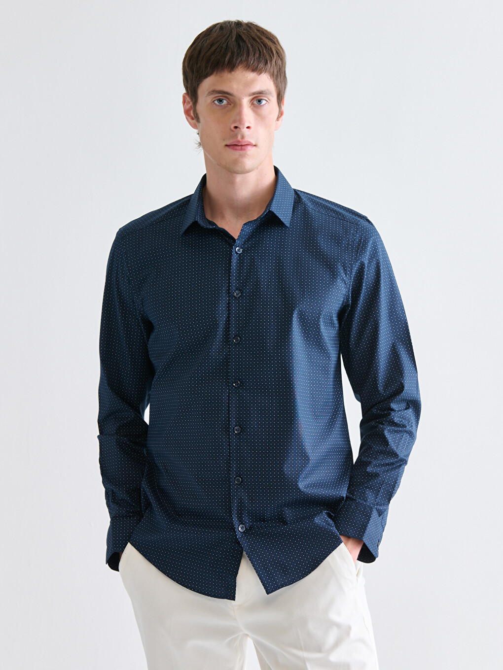 Slim Fit Long Sleeve Patterned Poplin Men's Shirt