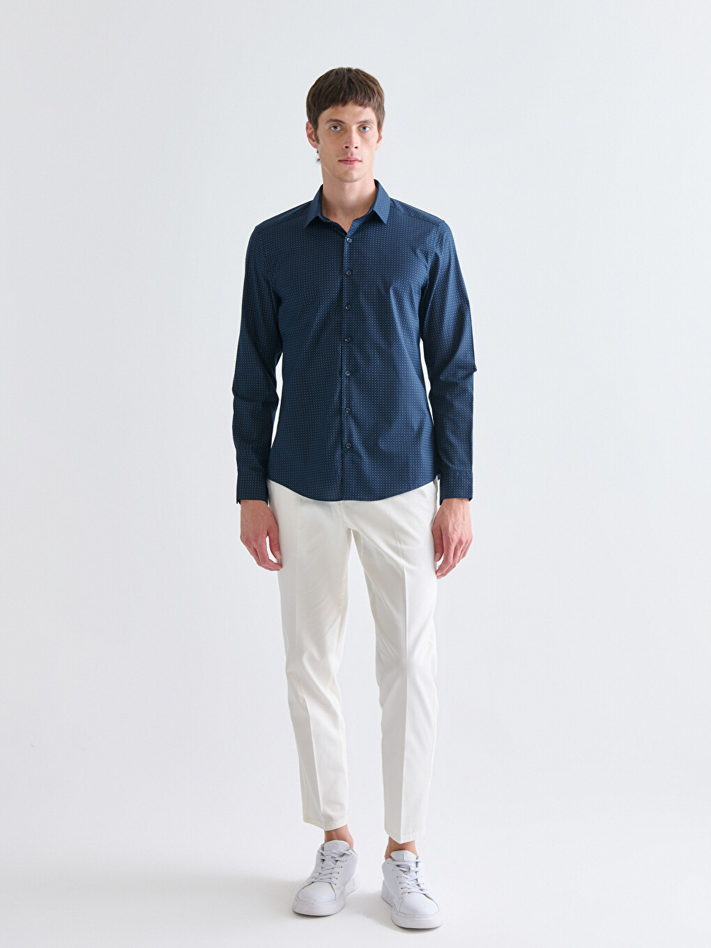 Slim Fit Long Sleeve Patterned Poplin Men's Shirt-1