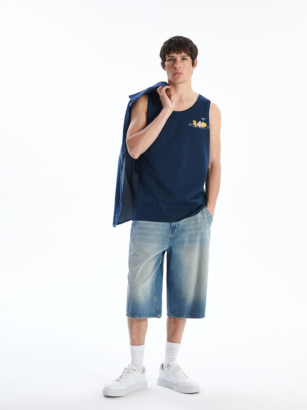 Lacivert Bisiklet Yaka Baskılı Erkek Atlet-1