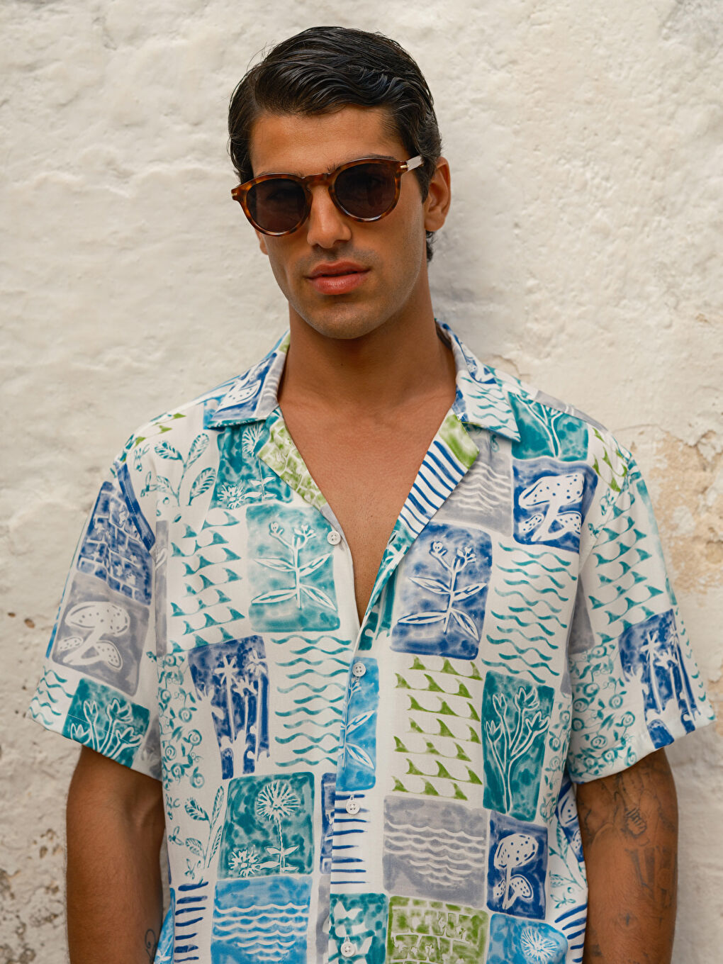 Bej Regular Fit Kısa Kollu Desenli Erkek Gömlek-1